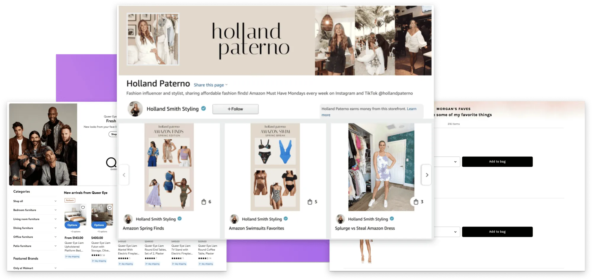 Collage of creator storefront pages, including a Holland Paterno influencer storefront with shoppable product cards and Amazon-style listings