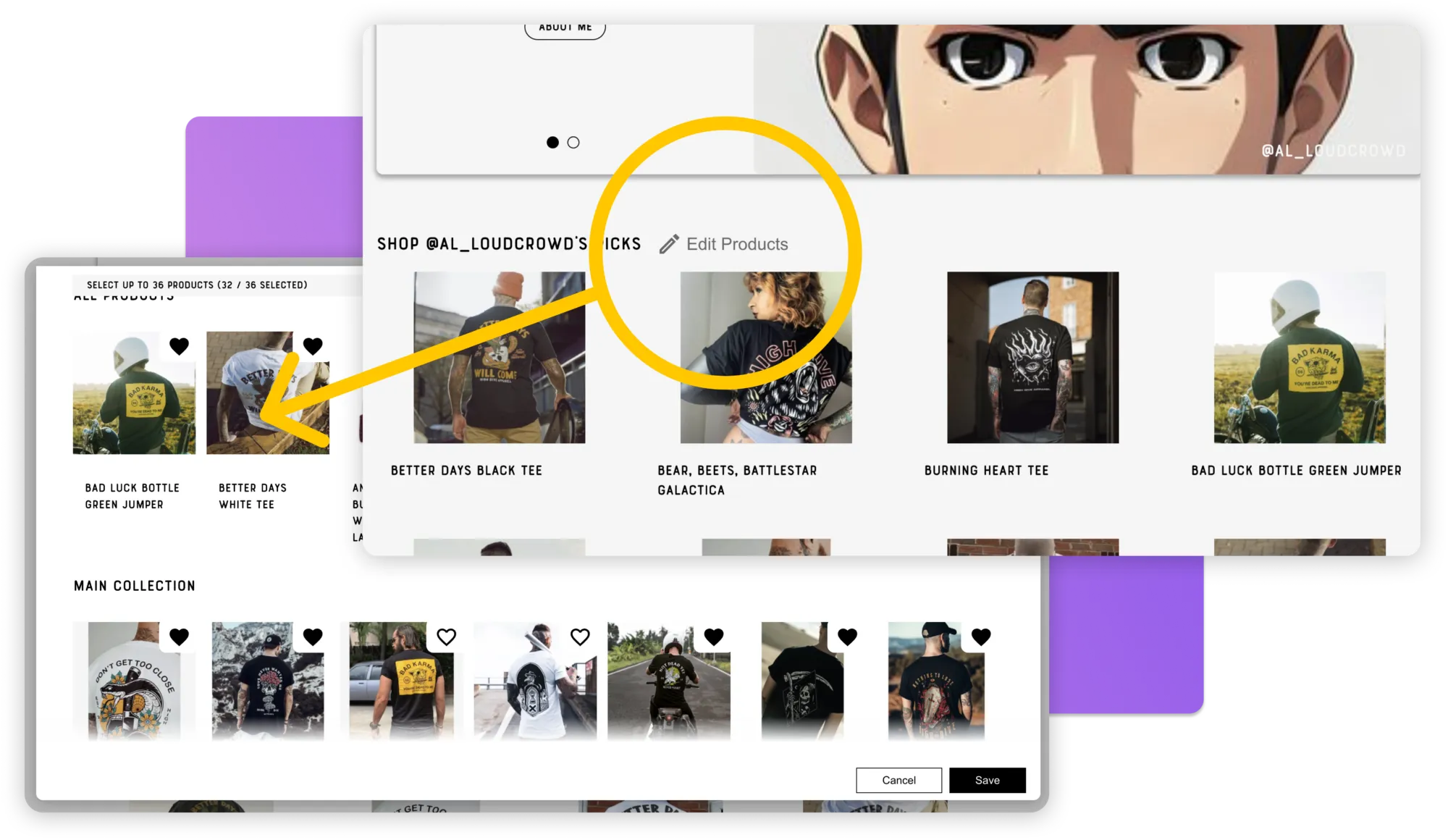 A creator storefront product picker, selecting which products to feature on a creator's shoppable storefront