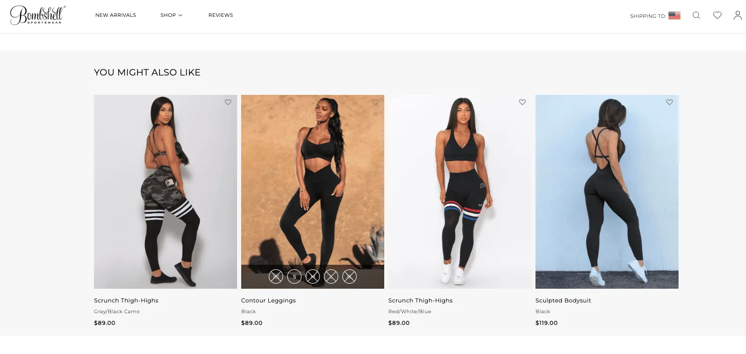 Bombshell Sportswear product page with an AI-driven "You might also like" recommendation row
