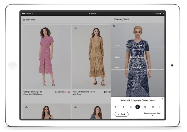 Tablet view of a dress shopping app showing an AI size-recommendation overlay