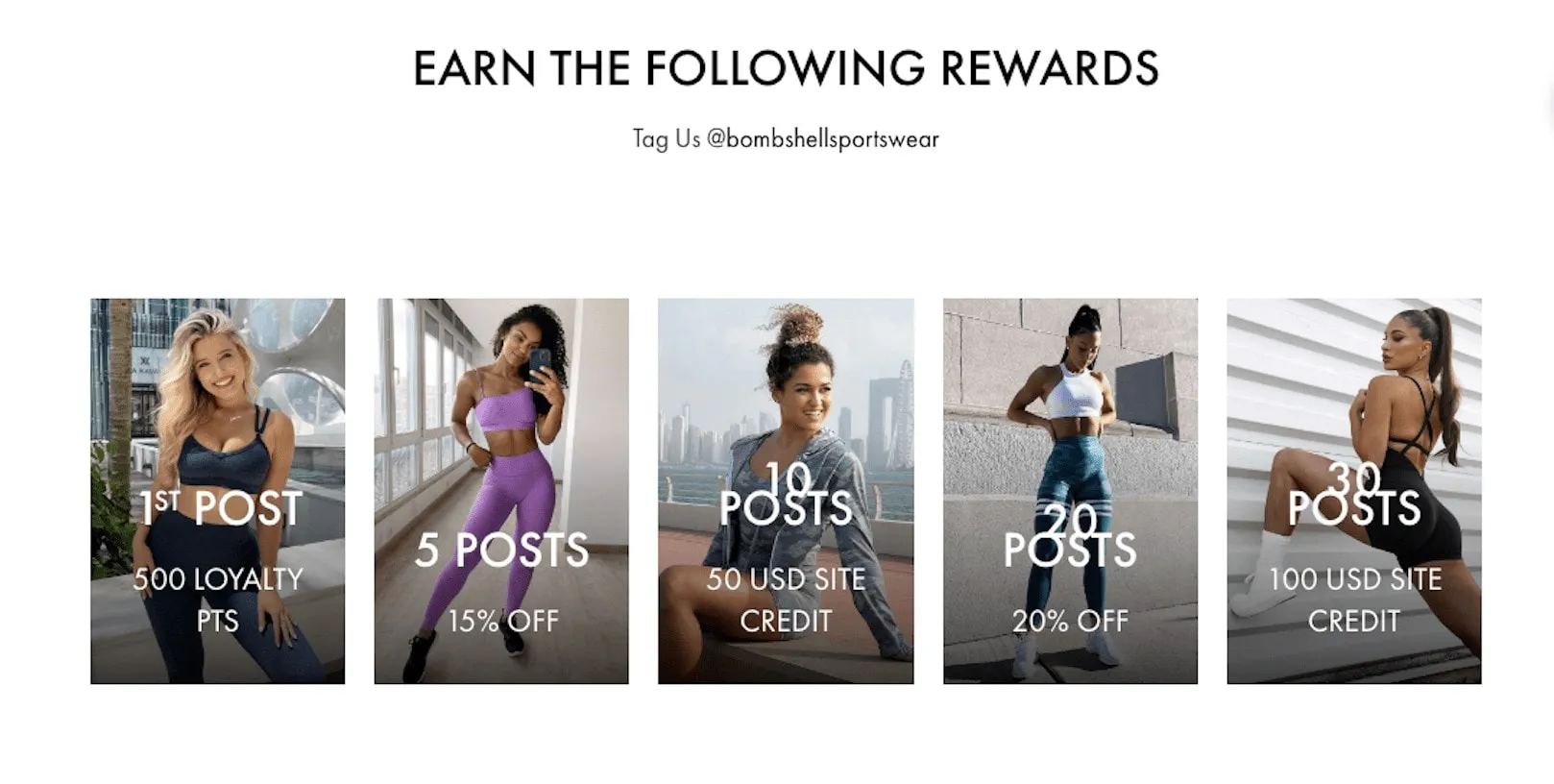 Bombshell invites all customers to partake in a brand ambassador program that exchanges site credits and points for Instagram and TikTok content