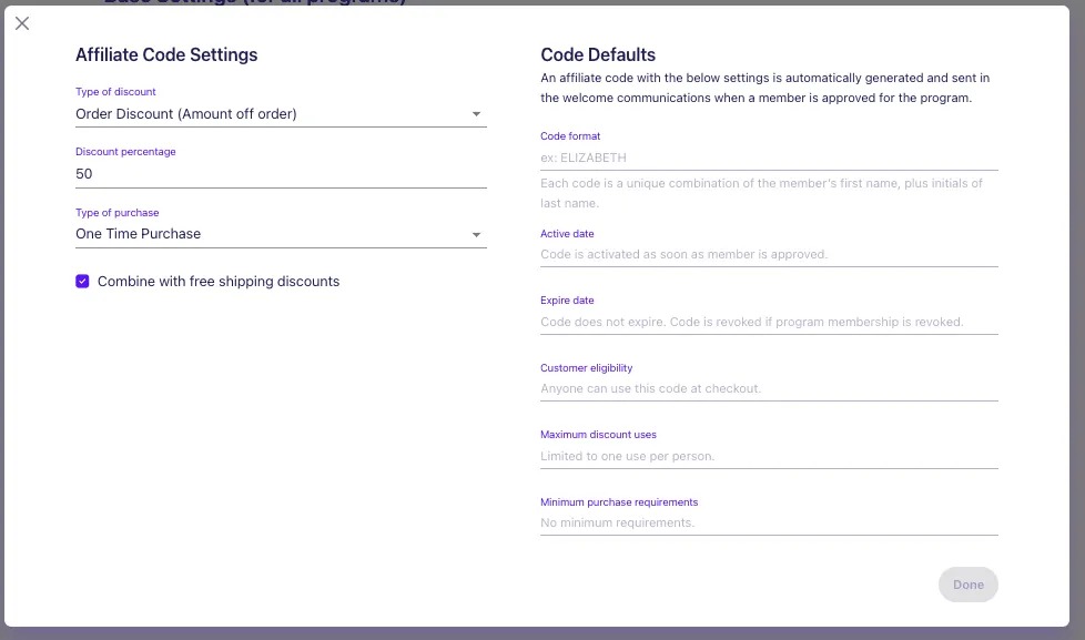 You can directly set up affiliate codes in LoudCrowd with type of discount, discount percentage, and type of percentage.
