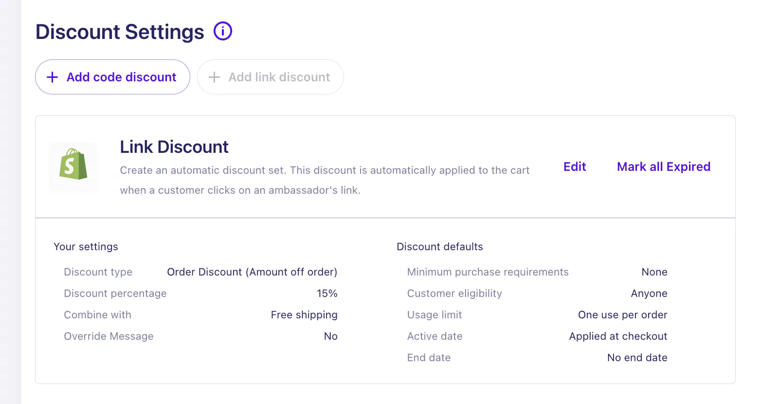 LoudCrowd Discount Settings showing a Shopify link discount set to 15% off, applied automatically when a customer clicks an ambassador's link