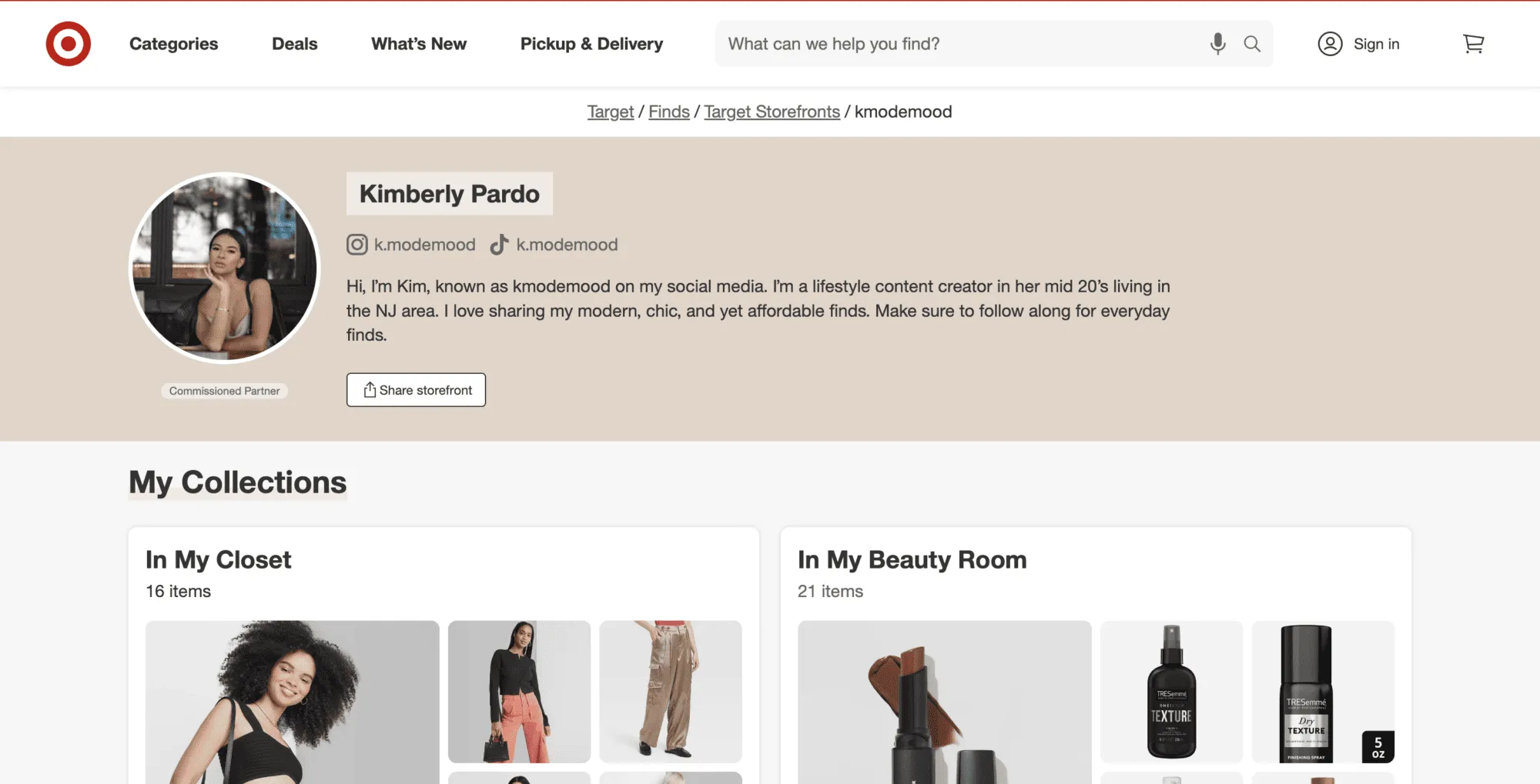 A target creator has a personalized page on target.com