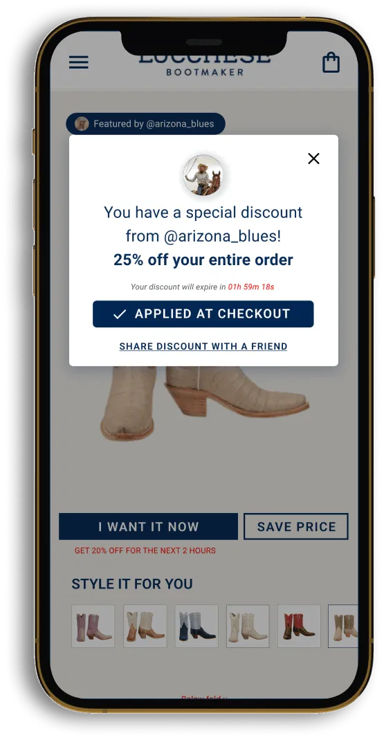 Lucchese ambassador arizona_blues has a personal discount that is honey-proof to stop affiliate fraud and discount code abuse.