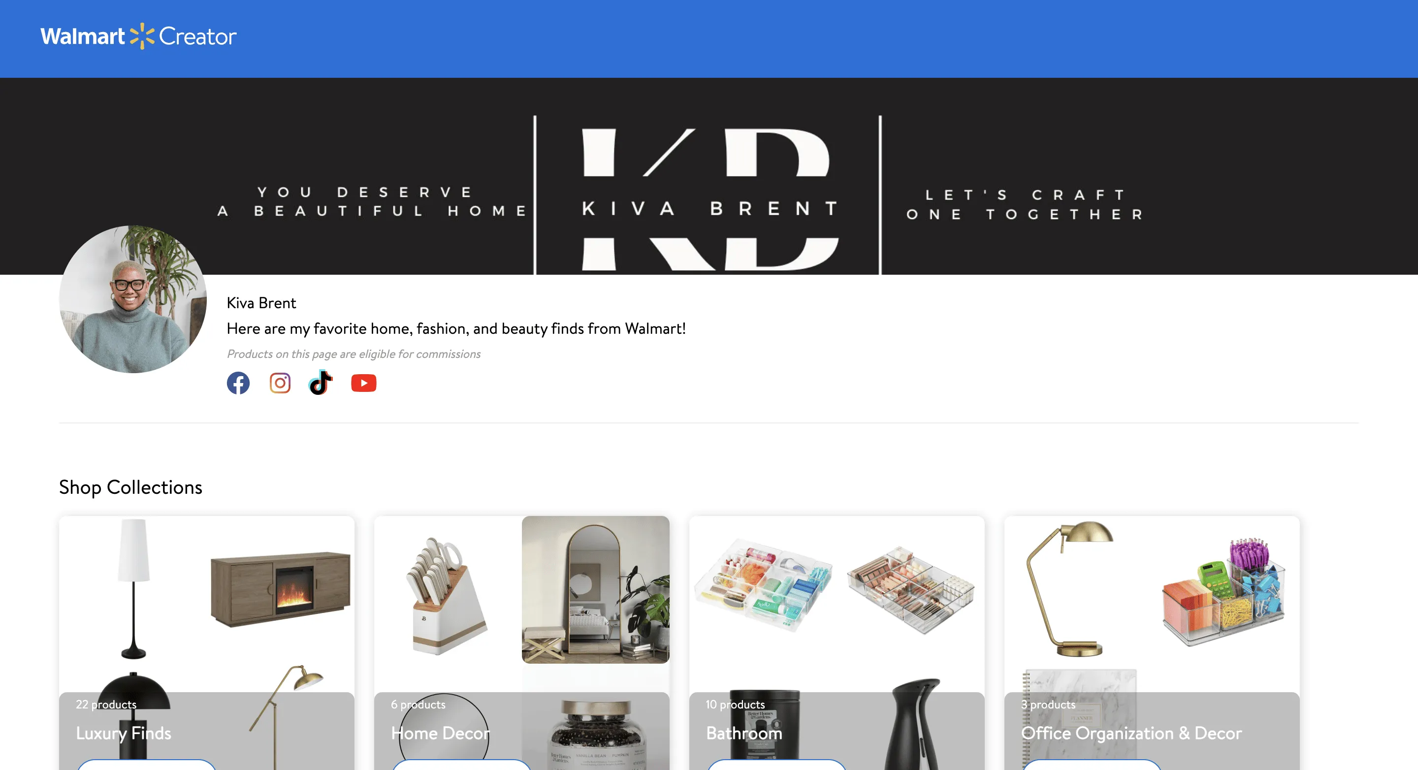 Walmart Creator Kiva Brent personal storefront with favorite product finds