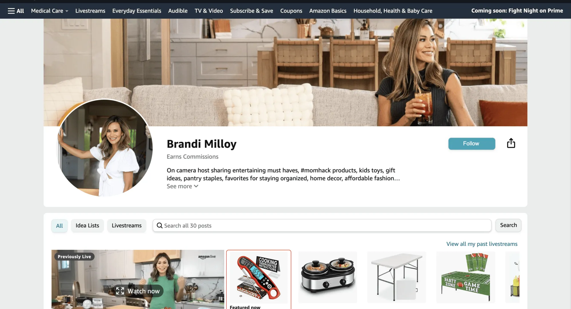 Affiliate trend #3: Influencer Brandi Milloy picks her favorite products and posts user-generated content through her personal page on the Amazon website