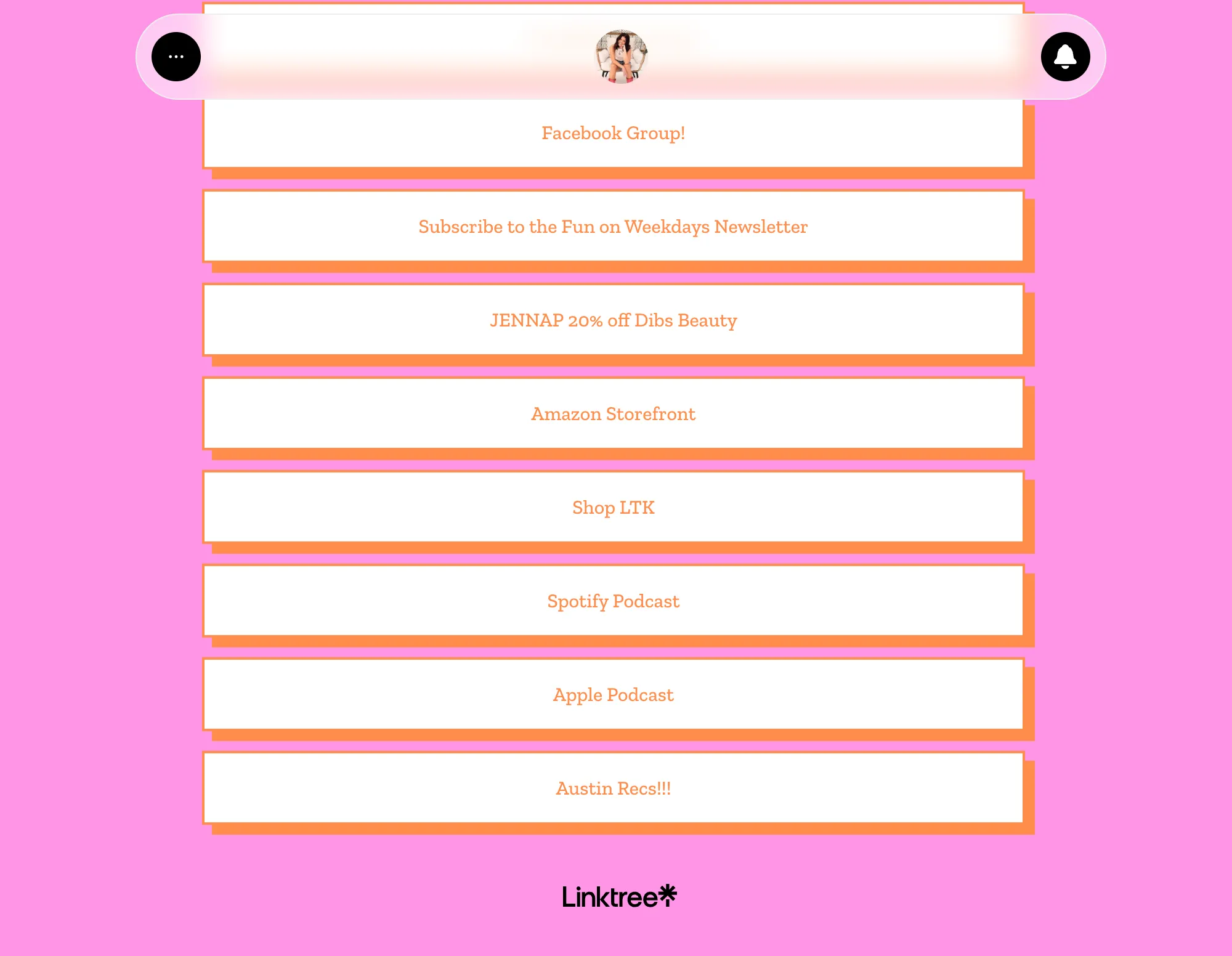 Influencer Jenna Palek's Linktr.ee with her Dibs Beauty affiliate code, Amazon Storefront, and Shop LTK