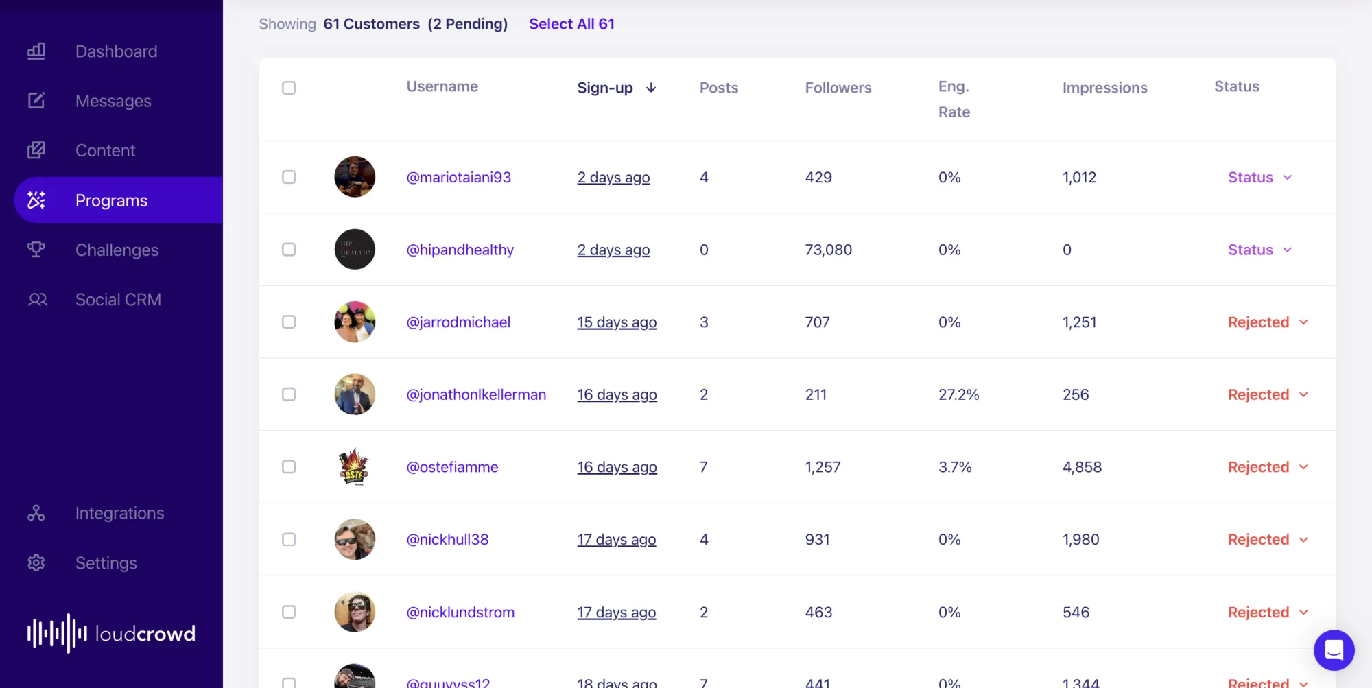 LoudCrowd's affiliate marketing software allows you to approve and reject potential creators from your affiliate program, to protect against affiliate fraud