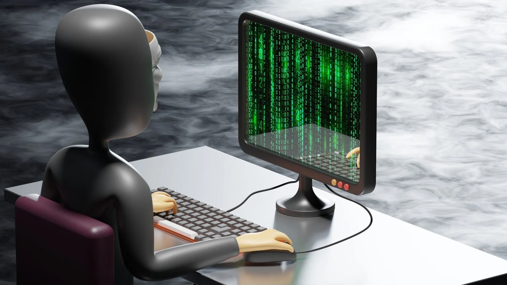 A 3D illustration of a hooded figure at a computer screen filled with green matrix-style code