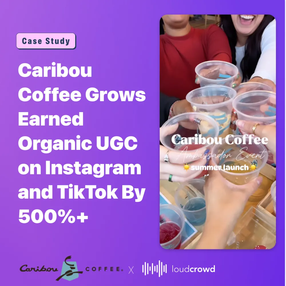 Case study cover for "Caribou Coffee Grows Earned Organic UGC on Instagram and TikTok By 500%+," with the Caribou Coffee and LoudCrowd logos over a photo of iced coffees