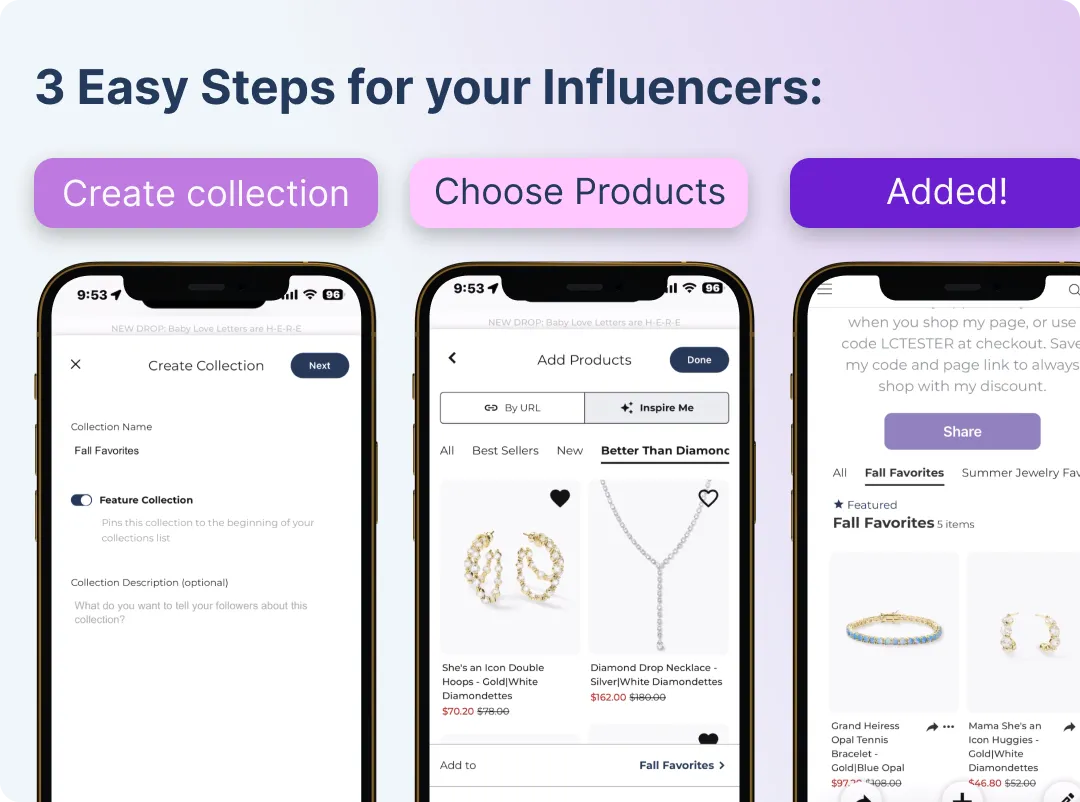 Three phone screens showing the multi-collection flow on a LoudCrowd creator storefront: creating a "Fall Favorites" collection, adding jewelry products to it, and the published collection live on the creator's shareable page