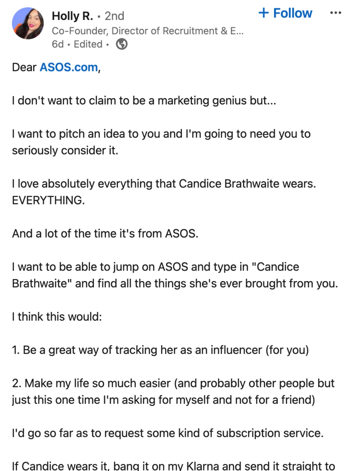 Holly R LinkedIn post about ASOS and Influencer List Pages