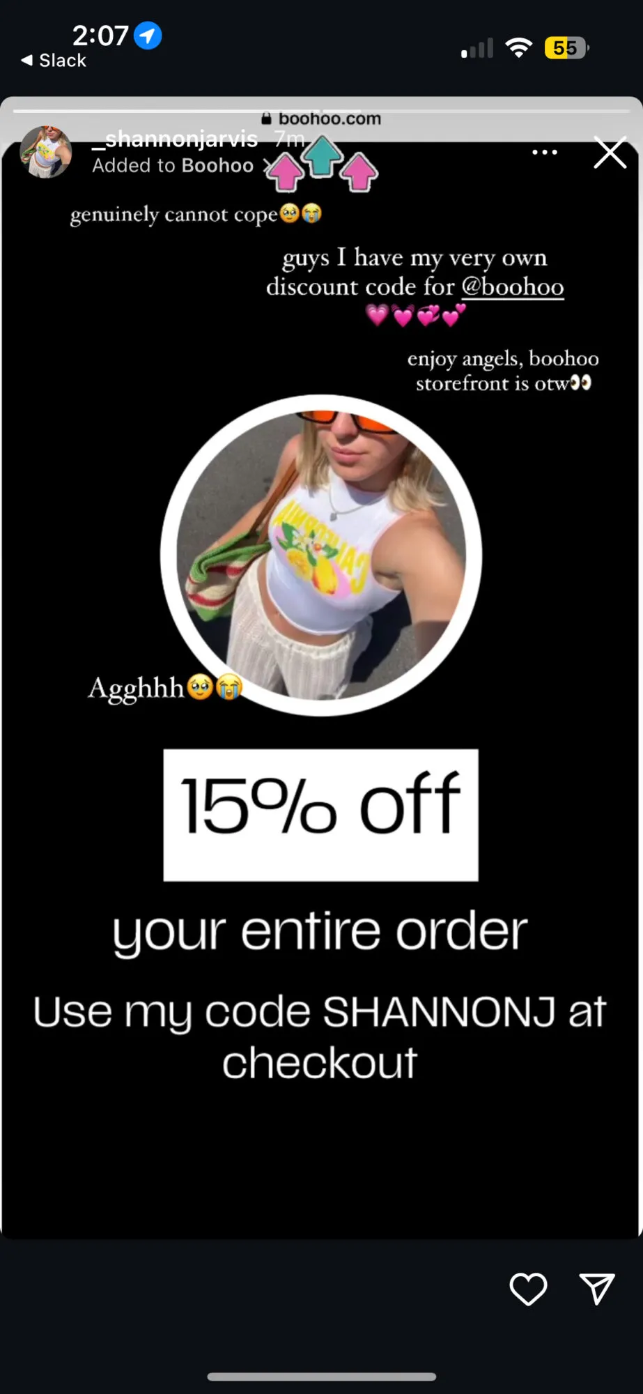 _shannonjarvis promoting her boohoo affiliate code on Instagram