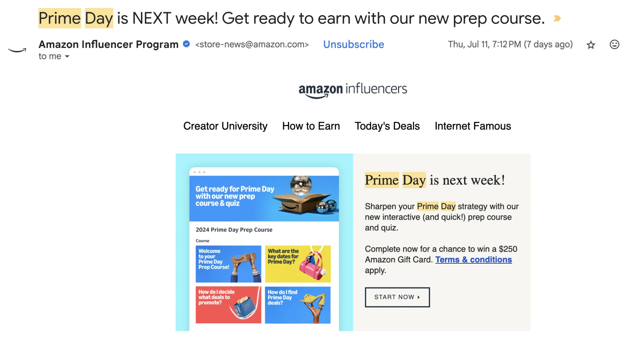 Amazon Influencer Program email promoting the Prime Day prep course
