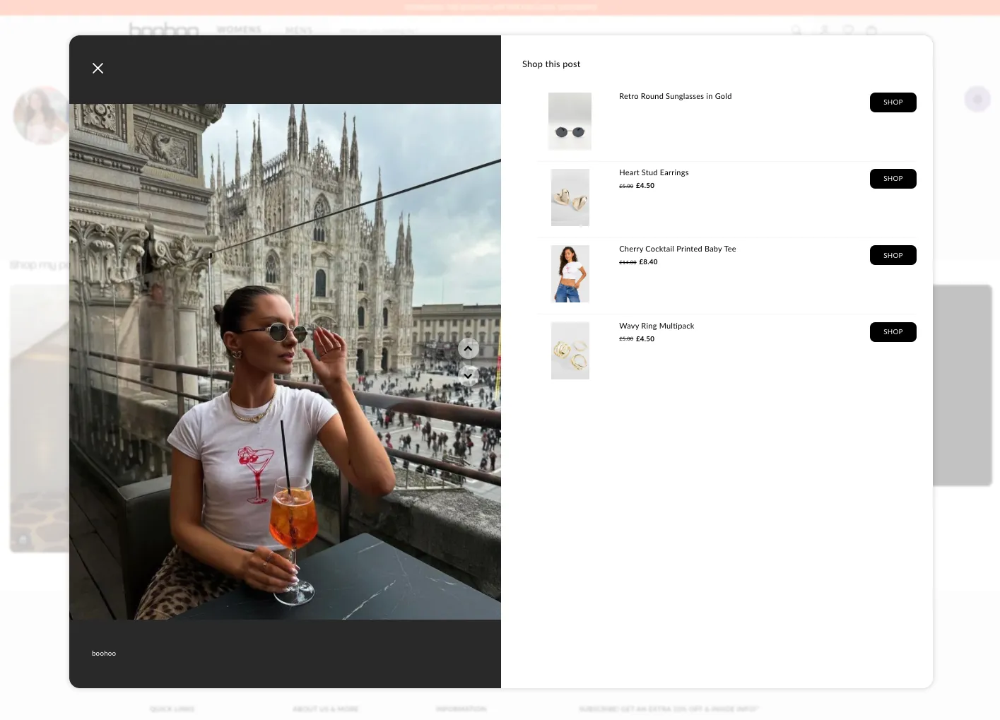 Shoppable ugc on a boohoo influencer shop