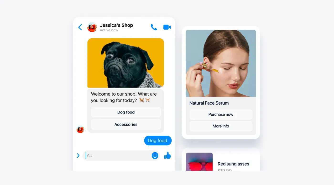 A Facebook Messenger shopping chatbot for "Jessica's Shop" greeting a customer with quick-reply buttons, next to product cards for a face serum and sunglasses
