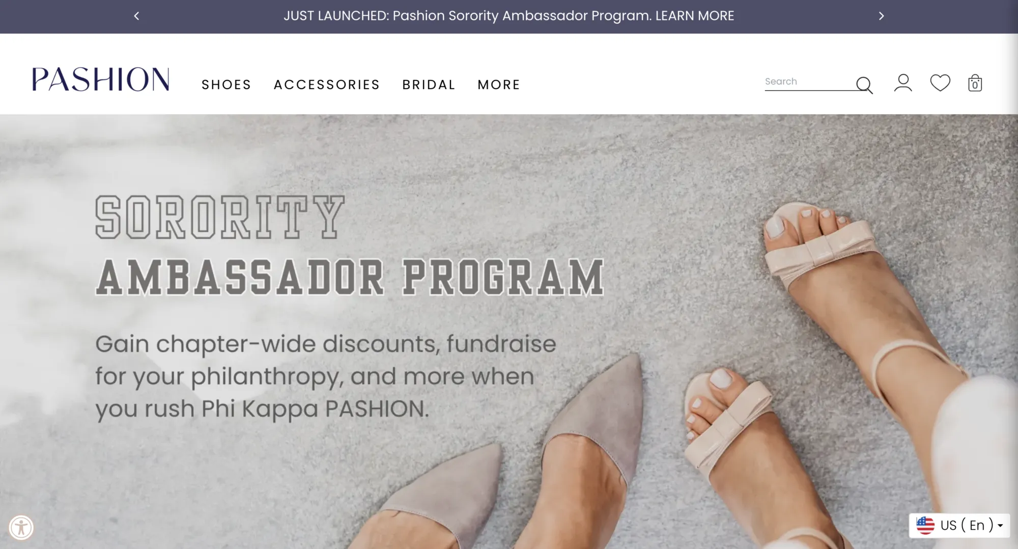 Pashion Sorority Ambassador Program page, powered by LoudCrowd, letting sorority chapters earn discounts and fundraise for philanthropies.