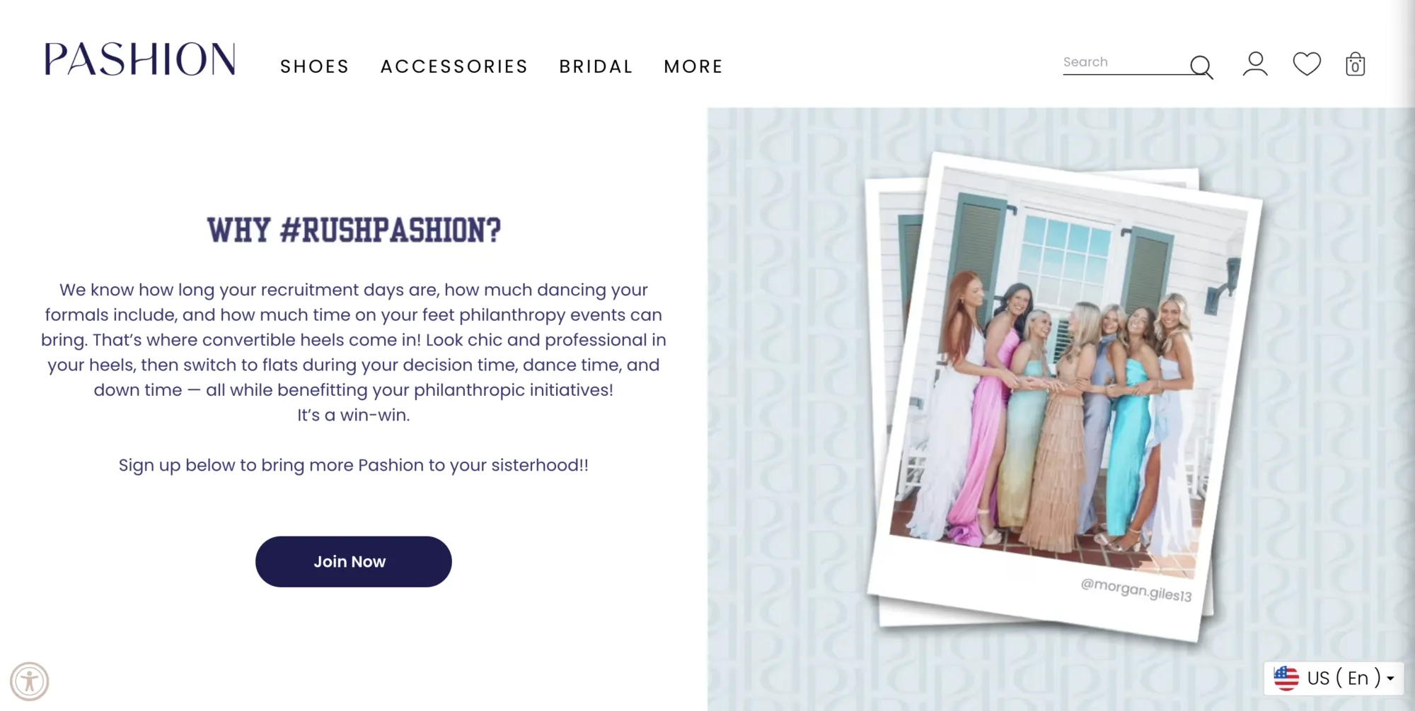 Pashion Footwear #RushPashion landing page explaining why convertible heels suit sorority recruitment, formals, and philanthropy events, with a Join Now button and photo of sorority members in formal dresses