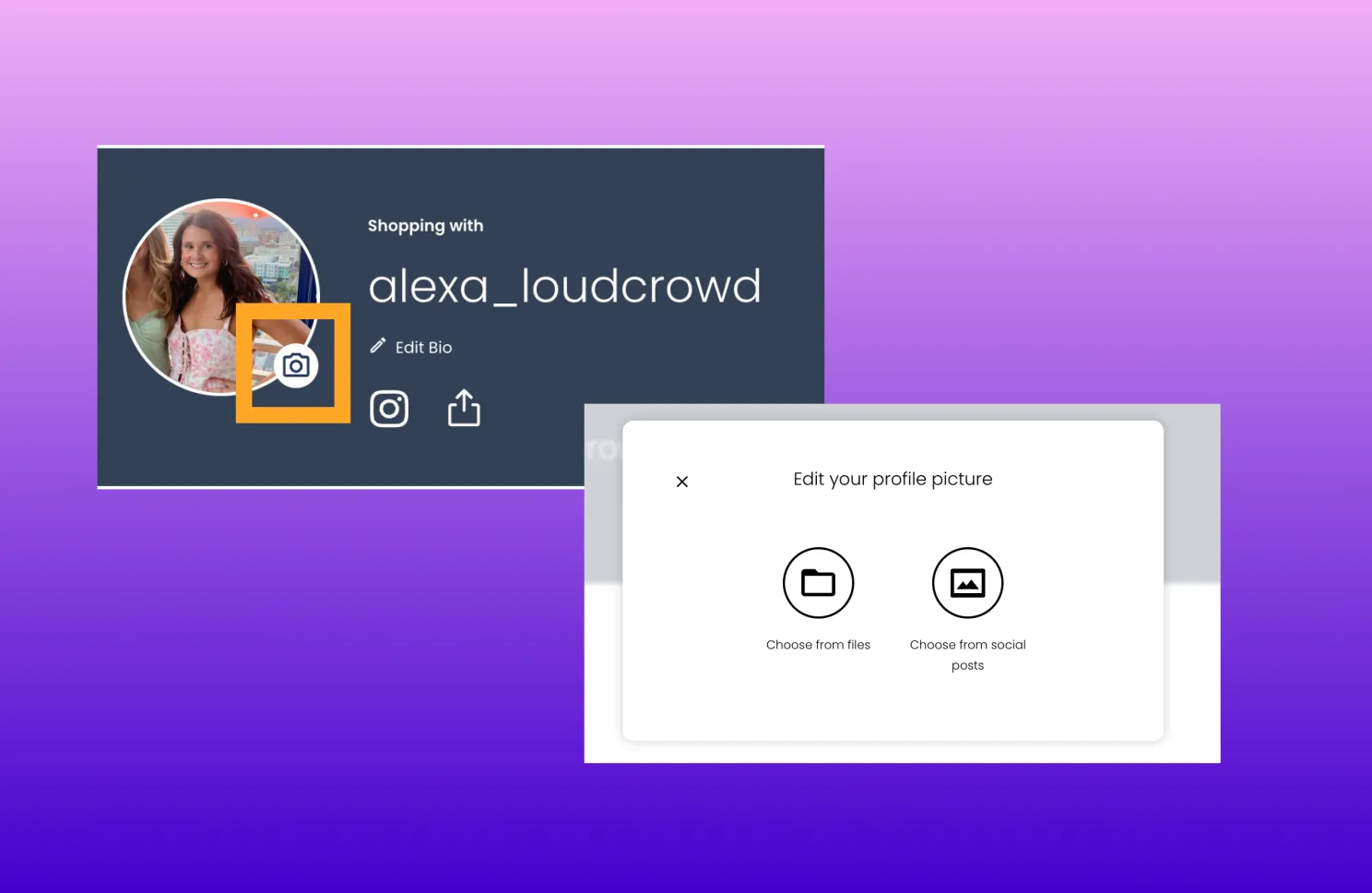 A LoudCrowd creator storefront header with a camera icon highlighted next to the creator's profile picture, and a dialog to edit the profile picture by choosing from files or social posts