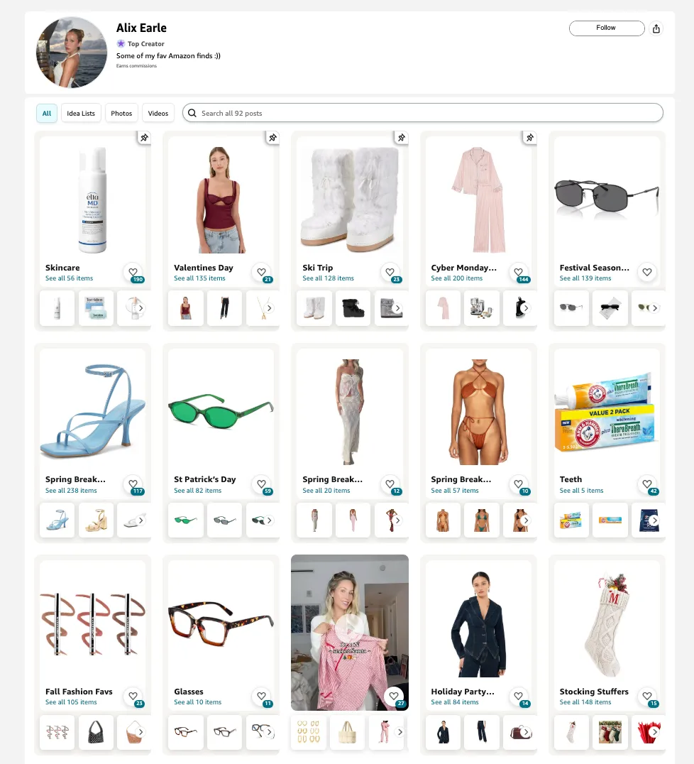 Alix Earle's Amazon influencer storefront showing a dense grid of curated product collections such as skincare, festival season, and holiday picks