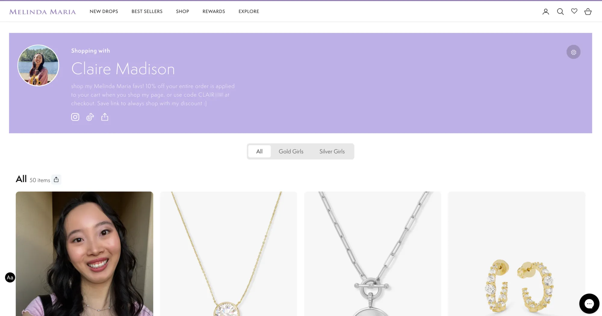 Claire Madison's storefront on the Melinda Maria jewelry site, with a purple banner offering 10% off when shopping her page, above a grid of necklaces and earrings