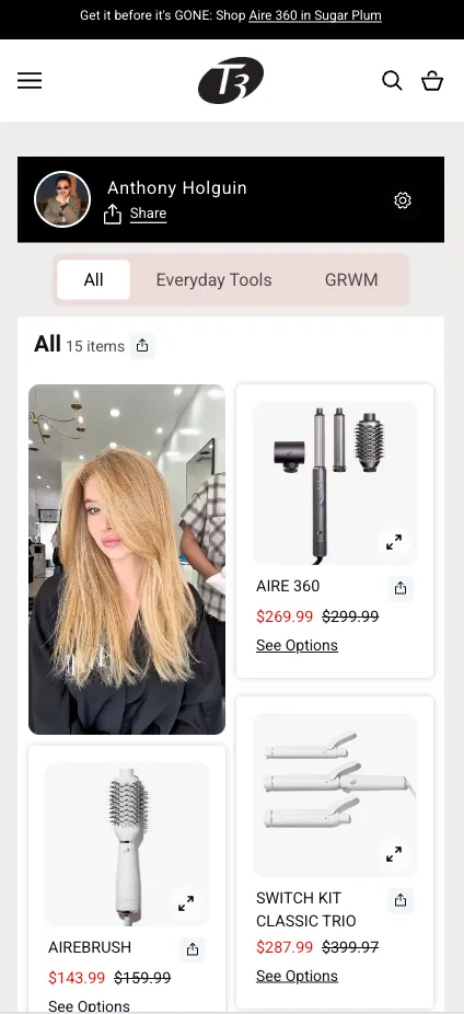 Anthony Holguin's storefront on the T3 site, branded in T3's colors, showing curated hair tools like the Aire 360 and AireBrush with prices