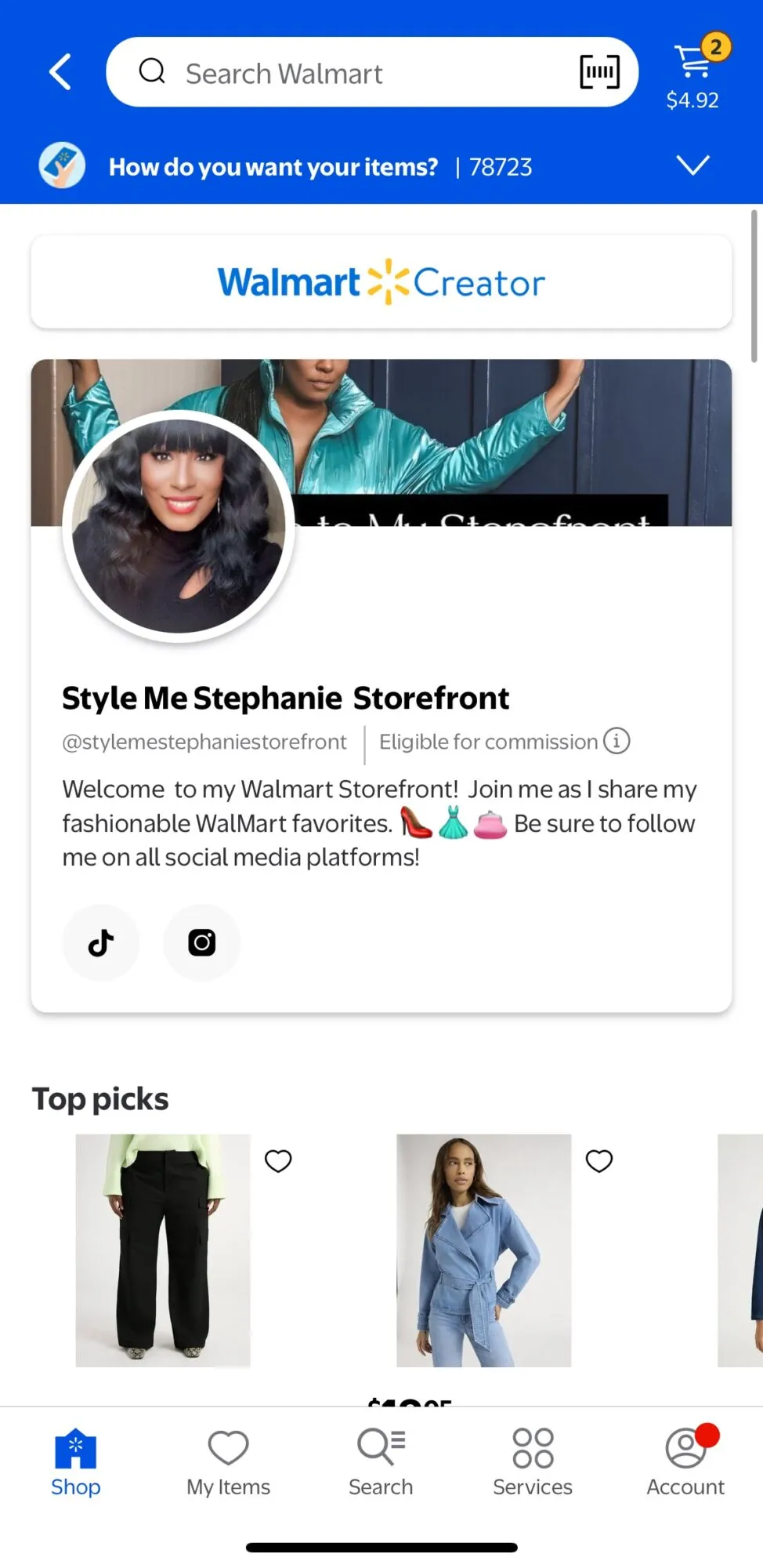 A Walmart Creator storefront in the Walmart app: "Style Me Stephanie Storefront" with a creator photo, bio, social links, and a Top picks grid of apparel