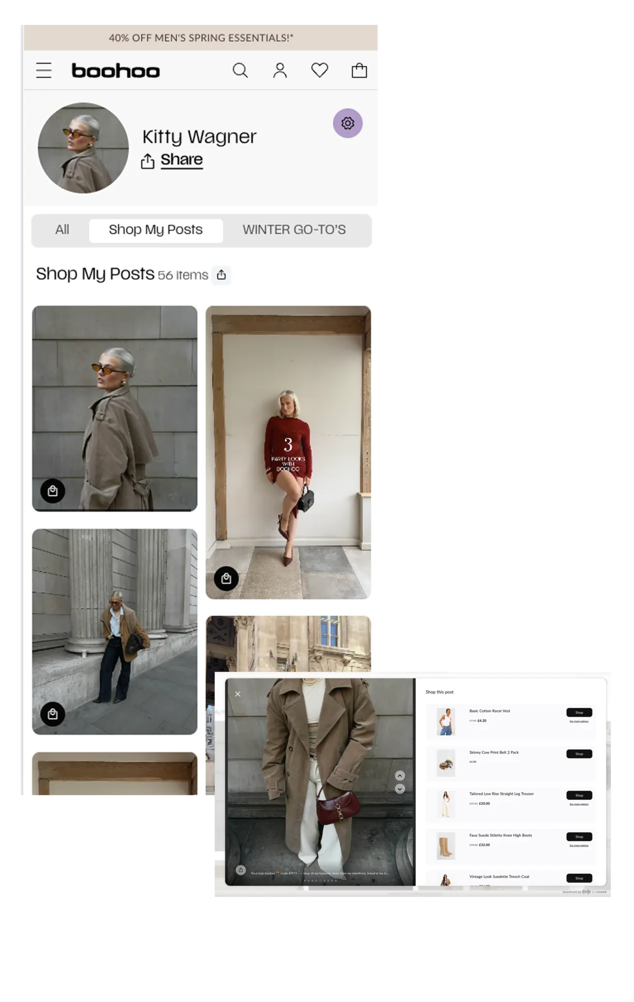 Kitty Wagner's storefront on boohoo.com, with a "Shop My Posts" feed of her Instagram and TikTok outfit photos and a panel listing the shoppable products in a look
