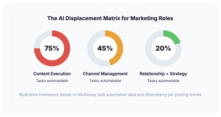 Donut charts showing 75% of content execution, 45% of channel management, and 20% of relationship and strategy tasks are automatable