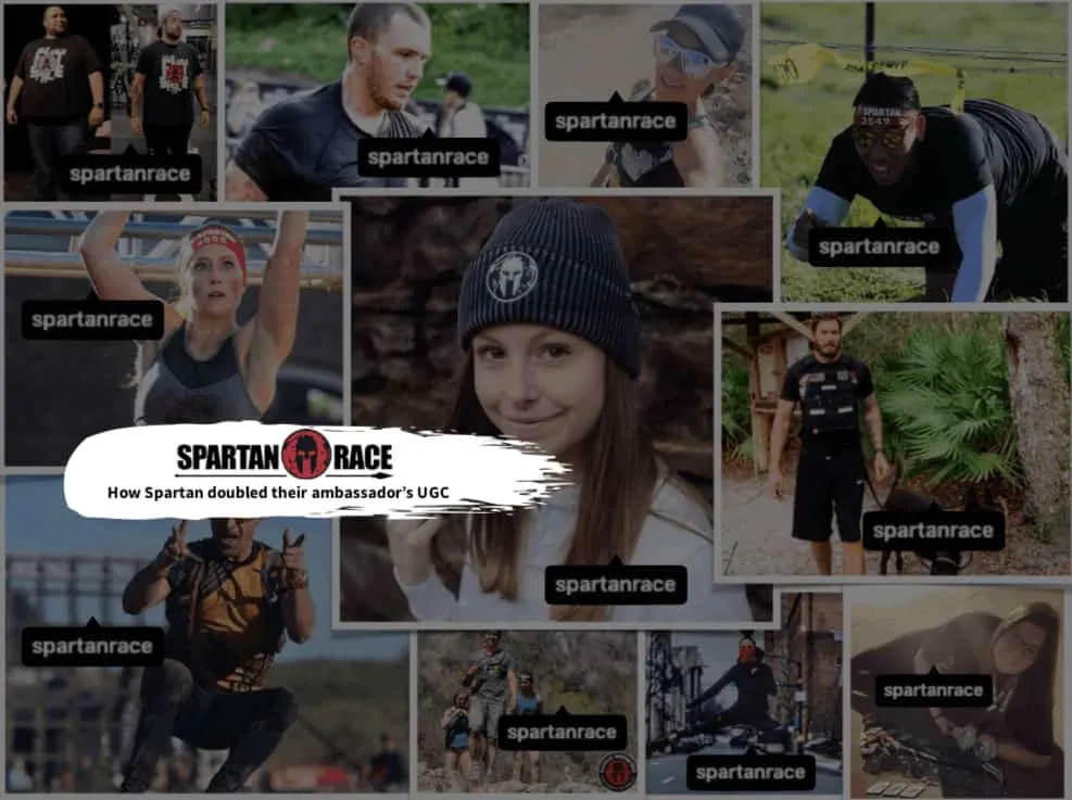 Spartan Race case-study title card over a collage of ambassador Instagram posts from obstacle-course races, each tagged @spartanrace